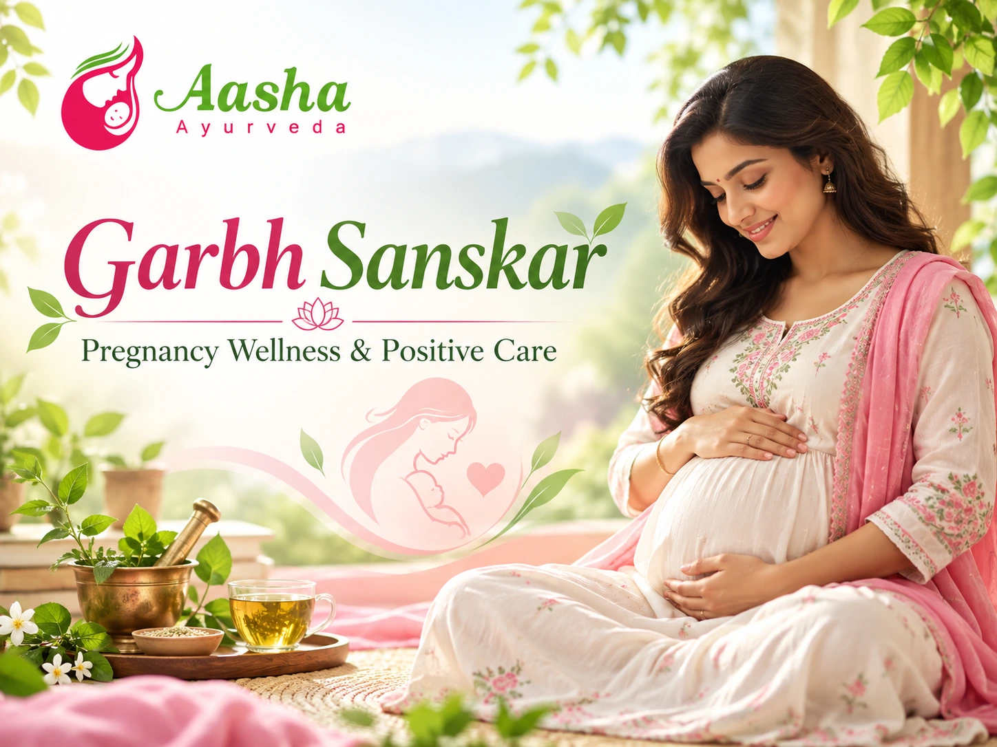 Pregnant woman practicing Garbh Sanskar with healthy diet, meditation and prenatal wellness